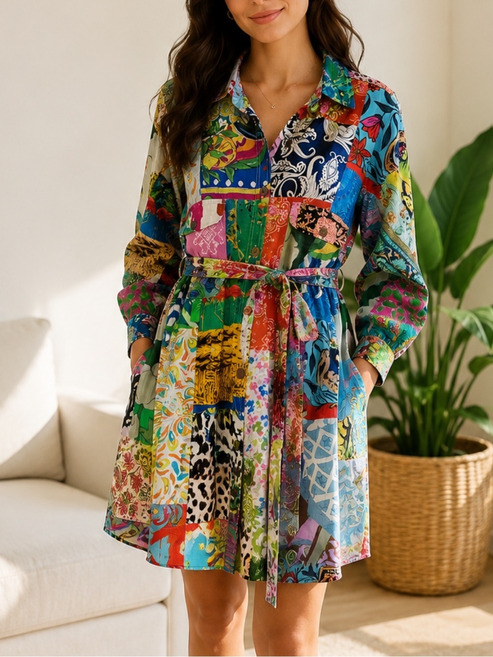 Ashley Taylor patchwork shirt dress 100% cotton boho long sleeve women’s summer